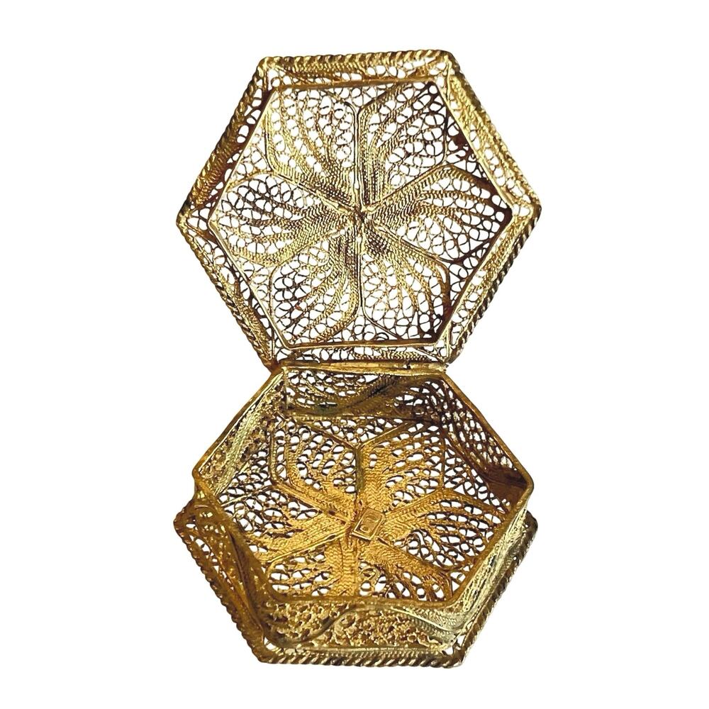 Vintage Brass Filigree Hexagon Pill Box Telkari Openwork Flower, Hinged - Balkan